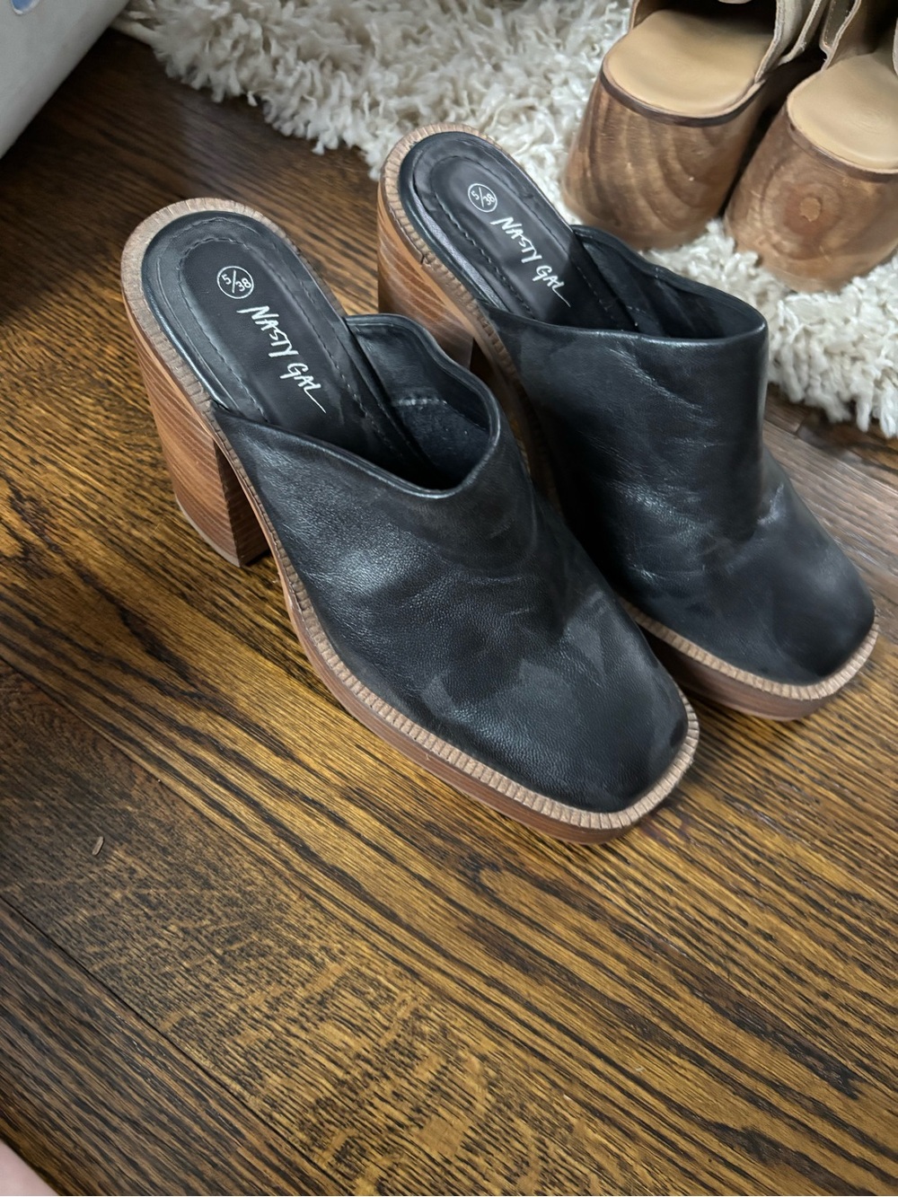 Nasty Gal Black Leather Block Heel Mules with Wood-Look Platform